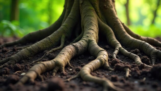 Close-up of intertwined tree roots, textured and earthy, reaching deep into the soil; a visual metaphor for grounding and inner peace in meditation , stillness, roots system