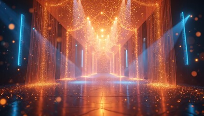 Obraz premium Empty hall with glowing orange curtains and falling sparkles. Blue lights frame the corridor. Reflective floor shows shimmering particles. Luxurious event venue.