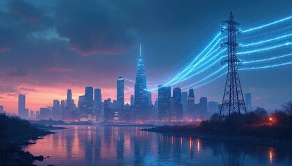Fototapeta premium City skyline with illuminated skyscrapers at dusk. Electricity flows from a power tower across urban landscape. Water reflects lights near riverbank.