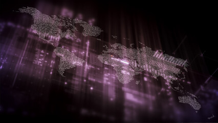 Obraz premium Global data network world map with matrix style grid, glowing HUD interface and streaming light trails, futuristic internet, IoT connectivity and digital simulation background