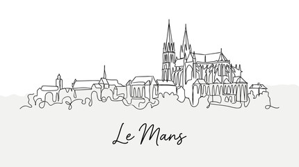 Fototapeta premium Le Mans France city skyline with cathedral minimalist continuous one line drawing vector