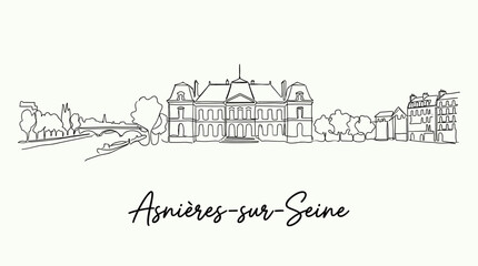 Minimalist Asnieres-sur-Seine skyline featuring Chateau d'Asnieres and river one line drawing vector illustration