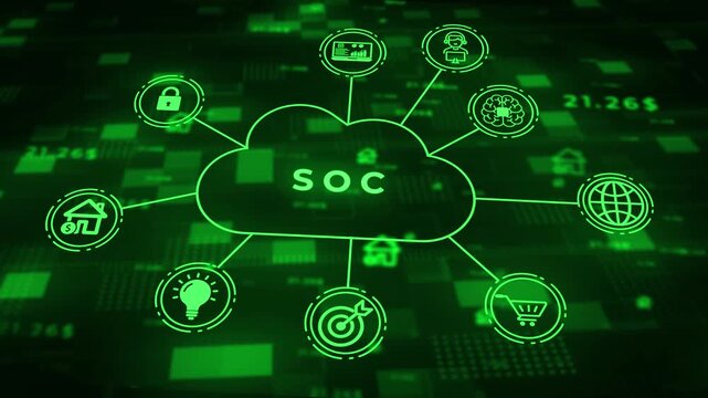 Neon green cloud network diagram with SO initials and connected for data analytics human resources and communication on a dark green digital matrix background with glowing numbers and symbols