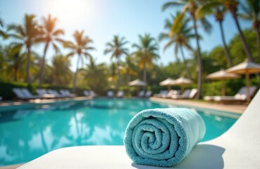 Obraz premium Turquoise towel rests on white lounge chair near poolside. Palm trees and lounge chairs surround large blue swimming pool on sunny day. Peaceful resort vacation vibe.