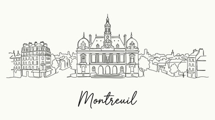Obraz premium Montreuil city skyline and town hall architecture minimalist line art vector illustration