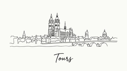 Obraz premium Tours France city skyline with Saint Gatien Cathedral minimalist continuous line vector art
