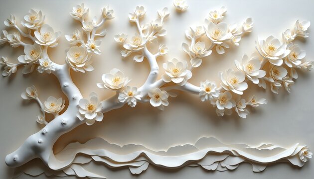 Three dimensional white flower branches artfully crafted for decor. Delicate paper floral sculpture with ornate detailing. Elegant nature inspired design for beauty and wellness.