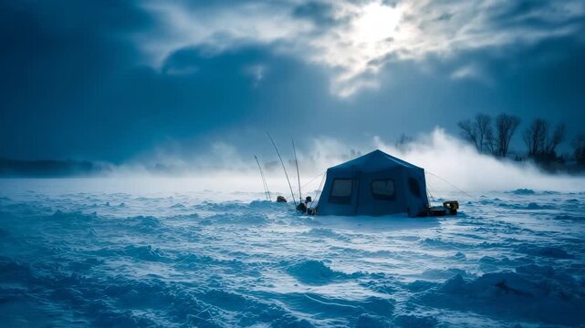 Ice fishing tent enduring harsh winter blizzard