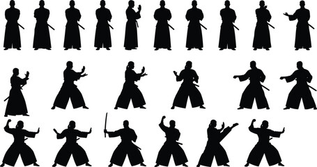 Martial arts silhouettes, combat stances, karate poses, kung fu training, sword fighting figures, martial artist practice, dynamic movement illustration, fitness © Sandra Weiss