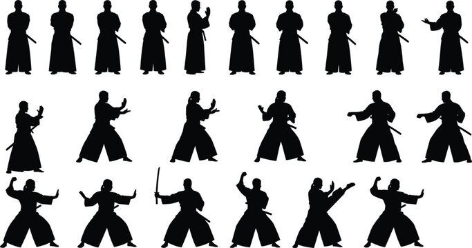 Martial arts silhouettes, combat stances, karate poses, kung fu training, sword fighting figures, martial artist practice, dynamic movement illustration, fitness