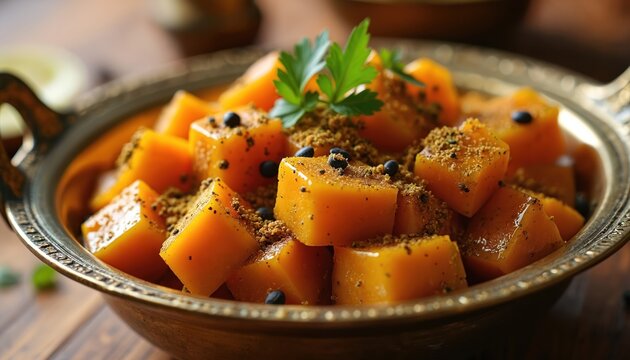 Indian pumpkin sabzi dish. Tender pumpkin pieces in brass bowl with spices, turmeric, cumin seeds, coriander, and parsley garnish. Healthy vegan curry.