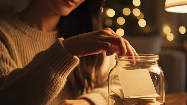 Womans Hands Putting Notes in a Jar - A Moment of Reflection.