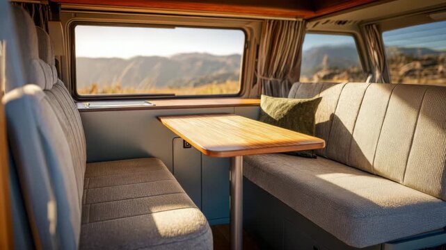 Camper van interior with scenic mountain view