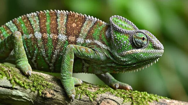 Chameleon with Green and Brown Scales on Mossy Branch