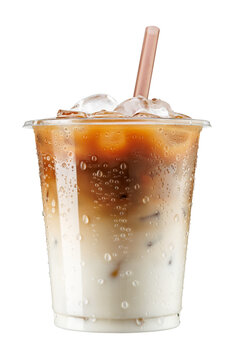 Iced latte with milk in fogged disposable plastic cup with straw isolated on transparent background