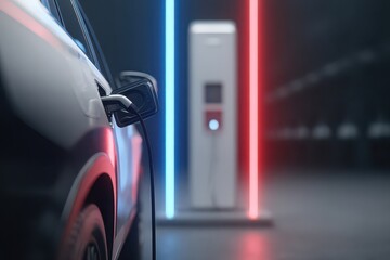 Fototapeta premium Electric car charging at a modern station with power cable connected to the vehicle port for sustainable transportation concept.