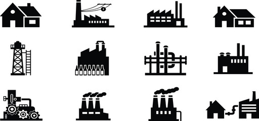 Naklejka premium ndustrial building silhouettes, factory icons, power plant illustration, oil rig design, infrastructure collection, urban structures, construction concept, energy facility, housing figure