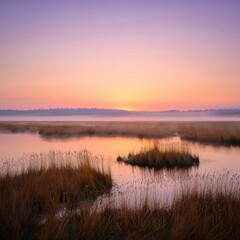Obraz premium Serene marsh sunrise with misty fog and vibrant orange sky