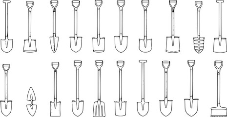 Collection of 20 diverse shovel and spade types, presented as black and white line art illustrations, suitable for gardening, digging, and construction concepts. © victoria
