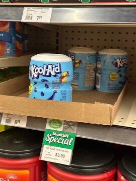 Kool-Aid Drink Mix Containers on Grocery Store Shelf in Canadian Retail Market. February 27, 2026, Siksika, Alberta, Canada. For Editorial Use Only.