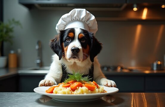Bernese Mountain Dog wears chef hat and apron presenting gourmet meal. Canine chef serves tasty dish with carrots and herbs in kitchen. Pet enjoys culinary arts.