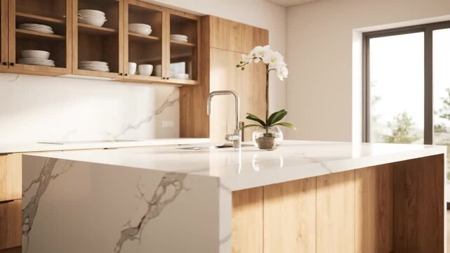 Gemini berkata

Modern kitchen and bathroom interior design featuring a luxury home house room with white flowers, tiles, mirror, sink, and clean contemporary furniture in a new bright apartment