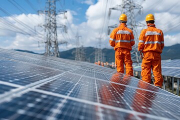 Naklejka premium Engineers working in solar cell farm with industrial background for renewable energy concept.