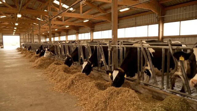 An old wooden barn structure stands empty with dairy cows inside the abandoned industrial farm hall