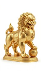 Chinese lion guardian, solid gold, smooth rounded polished surface, fine engraved patterns, isolated on white background, minimal shadow