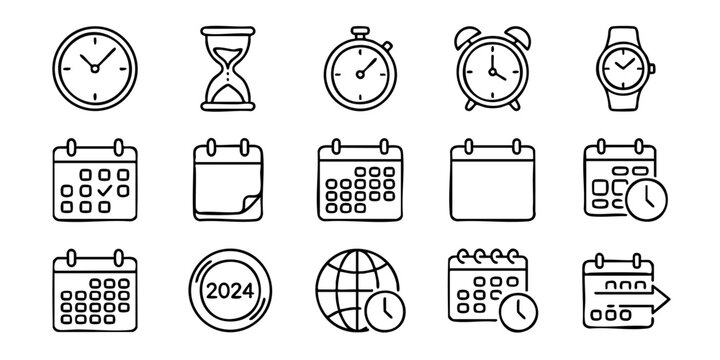 Collection of time and calendar icons in a flat design style on a clean white background