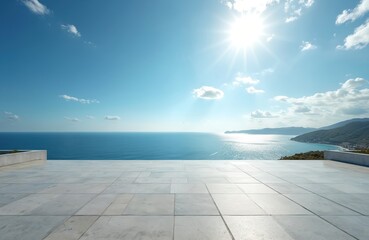 Fototapeta premium Large tiled terrace overlooks calm blue sea under sunny sky. Coastal landscape with distant hills and buildings features bright ocean horizon, perfect for vacation and travel themes.
