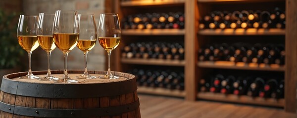 Fototapeta premium Four wine glasses filled with golden beverage rest on old wooden barrel. Bottles line shelves in background of winery cellar. Experience luxury wine tasting.