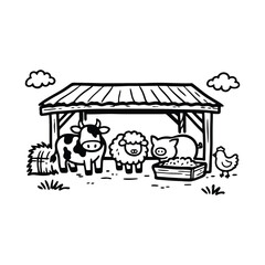 Naklejka premium Farm animals standing under barn shelter outline