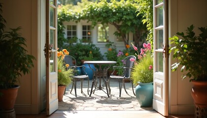 Fototapeta premium Open doors reveal sunny patio with ornate table and chairs. Rich flowering plants and green foliage surround outdoor seating area. Home backyard access to peaceful garden.