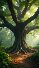 Fototapeta premium Massive ancient with thick exposed roots on a forest path. Sunlight filters through green leaves creating dappled light. Rich vegetation surrounds the old giant.