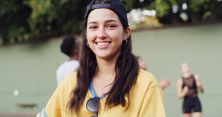 Portrait, smile and girl outdoor for travel, vacation and holiday with cool style at park. Gen z,...