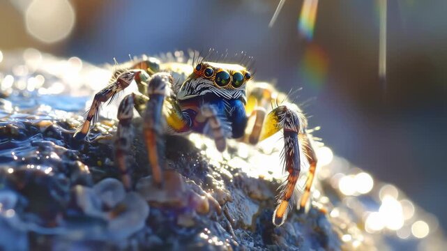 Close-up of a jumping spider on a textured surface with sunlight.