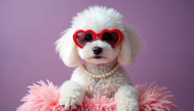 Fluffy white poodle puppy wears heart sunglasses and pearl necklace. Cute dog poses in pink fluffy bed against purple background. Adorable pet dressed up for fashion shoot.
