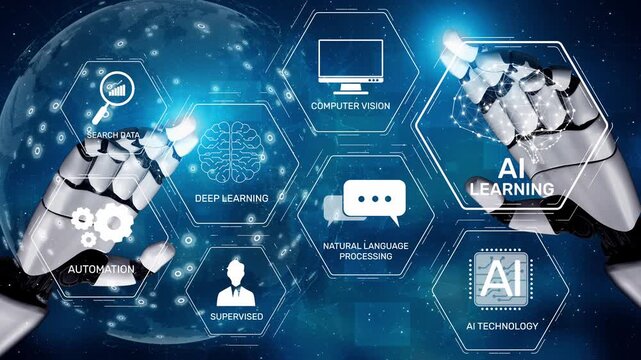 AI learning system involves deep learning, supervised machine learning, and natural language processing. AI learning diagram shows how AI advances learn in automation and data processing. Muxer