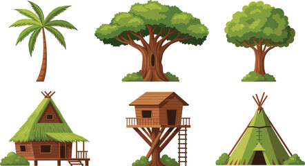 Jungle Tree and Wooden Treehouse Collection with Palm Tropical Trees Hut and Teepee Vector Illustration Set © Sanjida