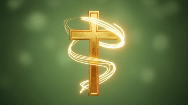 Golden Cross with Glowing Light Trails on a Green Background.