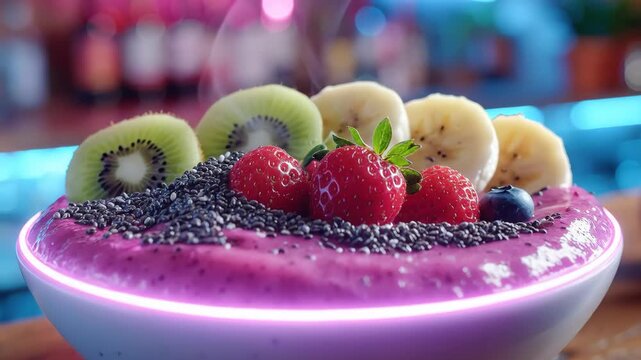 Delicious and Healthy Smoothie Bowl with Fresh Fruits and Chia Seeds.