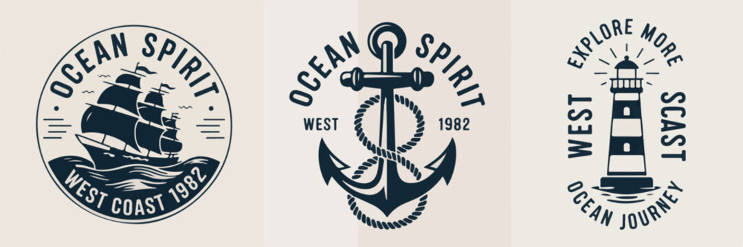 Nautical emblems and logos with ship, anchor, lighthouse, text for ocean spirit and west coast exploration themes