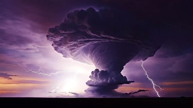 Giant Supercell Thunderstorm with Majestic Tornado Funnel Cloud and Multiple Lightning Strikes Against a Dramatic Sunset Sky