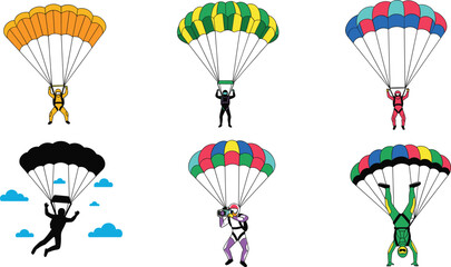 Skydiving and Parachute Jumpers Collection with Colorful Canopies Extreme Sport Vector Illustration Set © Sanjida
