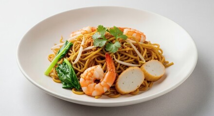 Shrimp Noodle Stir Fry on White Plate.