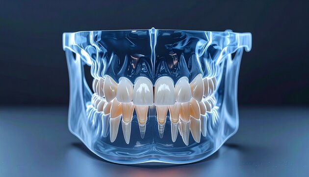 Dental Display: A meticulously crafted model of a human jaw, showcasing pristine teeth within a transparent framework, ideal for educational and medical applications. 