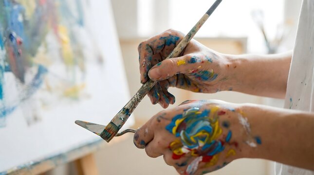 Close-up of a person's hands covered in colorful paint, holding a paintbrush and palette knife, actively creating art on a canvas