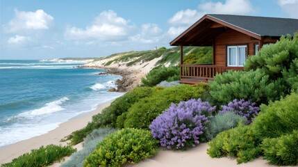 Naklejka premium Coastal wooden cabin by ocean with purple flowers