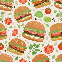 Eco-friendly seamless pattern of sustainable-ingredient burgers - whole wheat buns